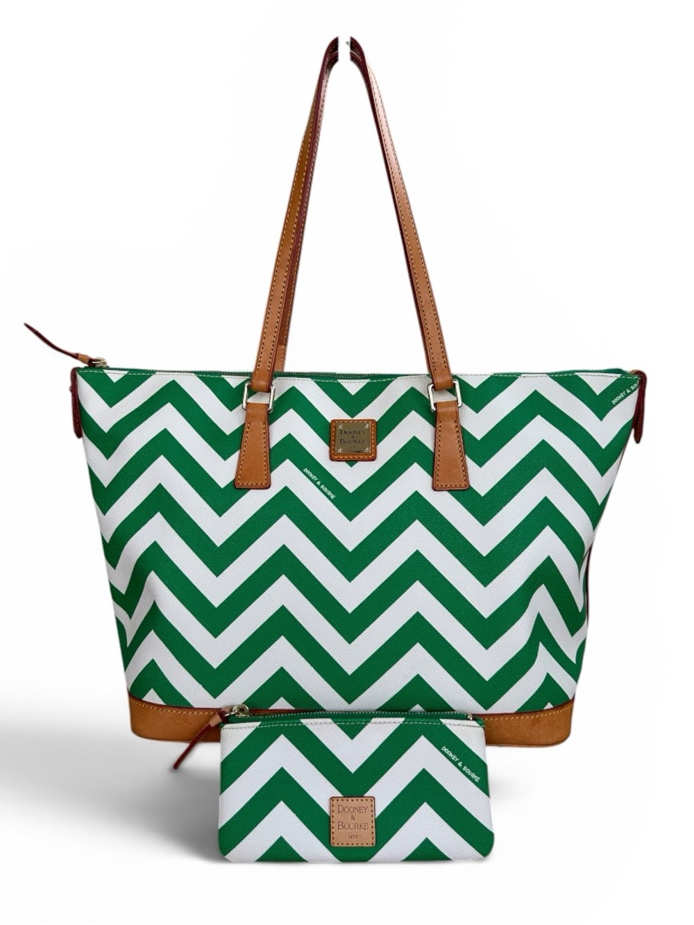 Dooney & Bourke Green and White Chevron Tote w/Tan Trim & Matching Wristlet